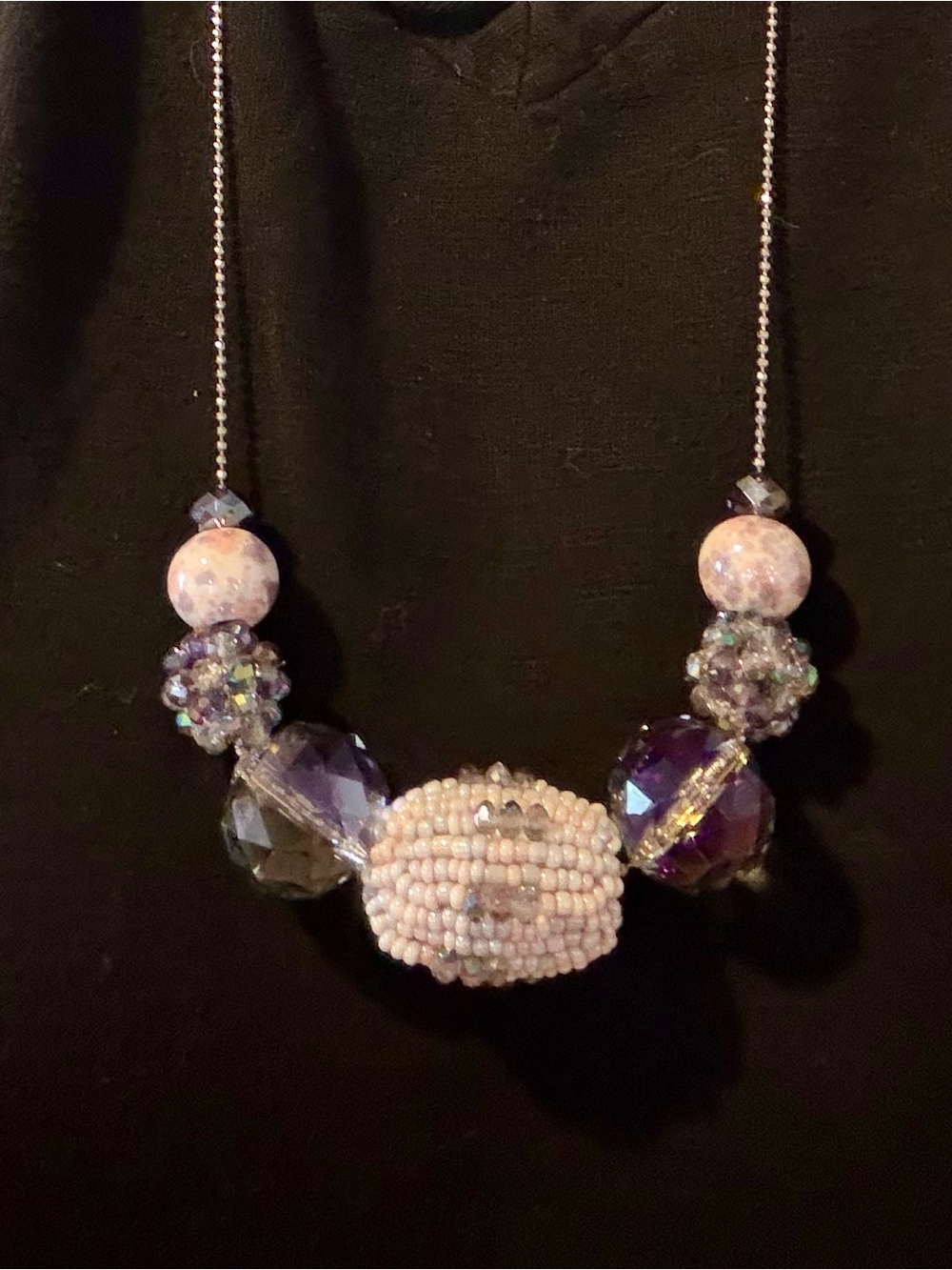 Elegant Beaded Necklace with Purple and Silver Accents